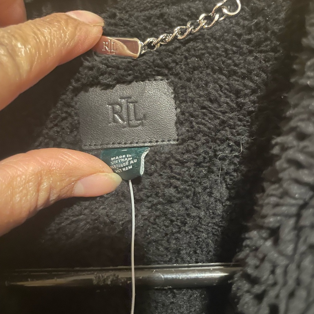Lauren Ralph Lauren Black Shearling Moto Vest with Silver Chain Detail - Picture 8 of 12